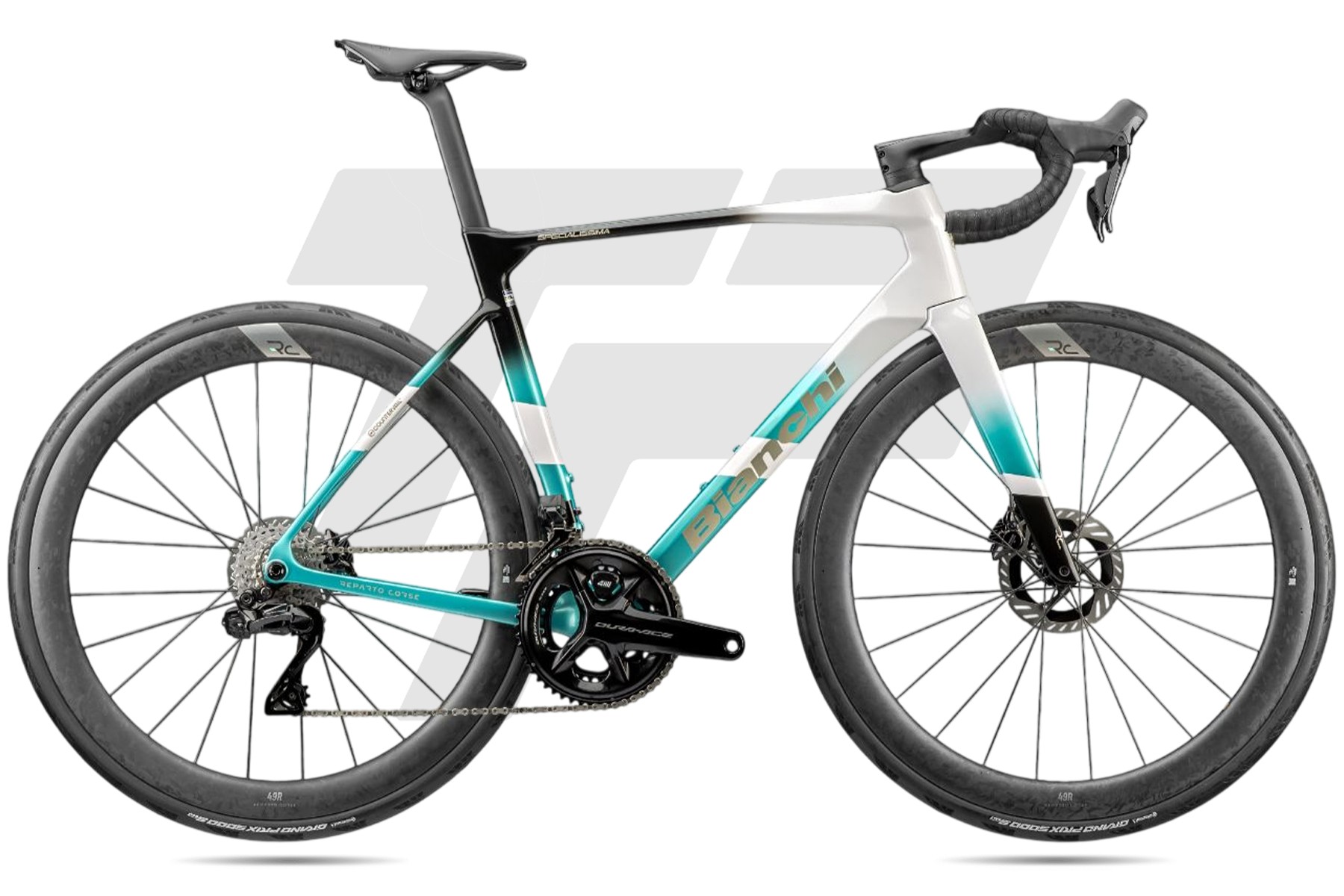 Bianchi New Specialissima Sram Red AXS E1 12v Power Meter RC 49R DB JA - Antartica: Bianco Ghiaccio / Celeste Metallico / Nero + Logo Cromato [Full Glossy]