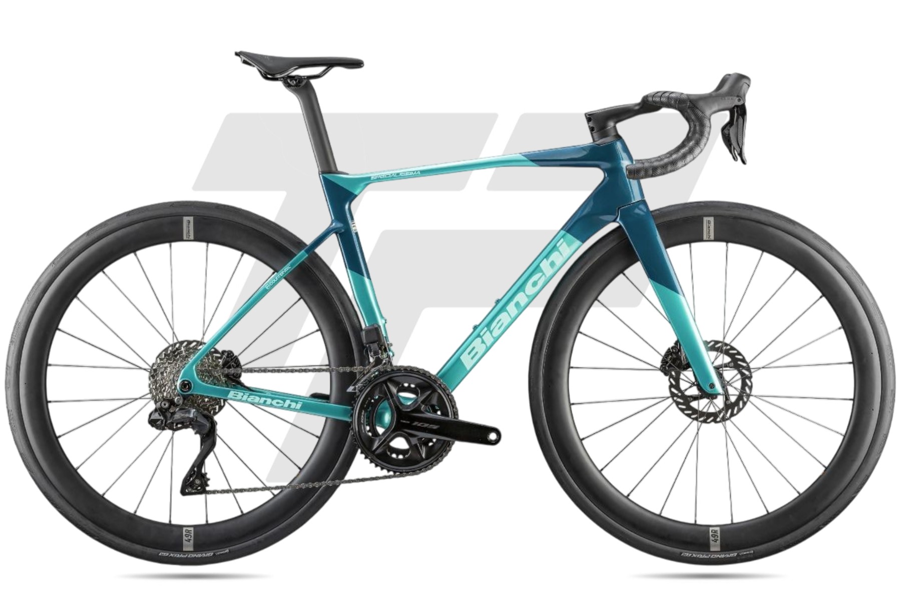 Bianchi New Specialissima Shimano 105 R7170 Di2 12v Bianchi B 49R DB JE – Celeste: Celeste Metallico / Celeste Scuro + Logo CK16 + Full Glossy